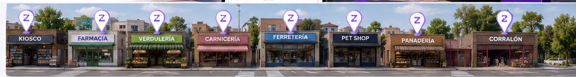 Comercios de barrio disponibles en Zyggo: kiosco, farmacia, verdulería, carnicería, ferretería, pet shop, panadería y corralón